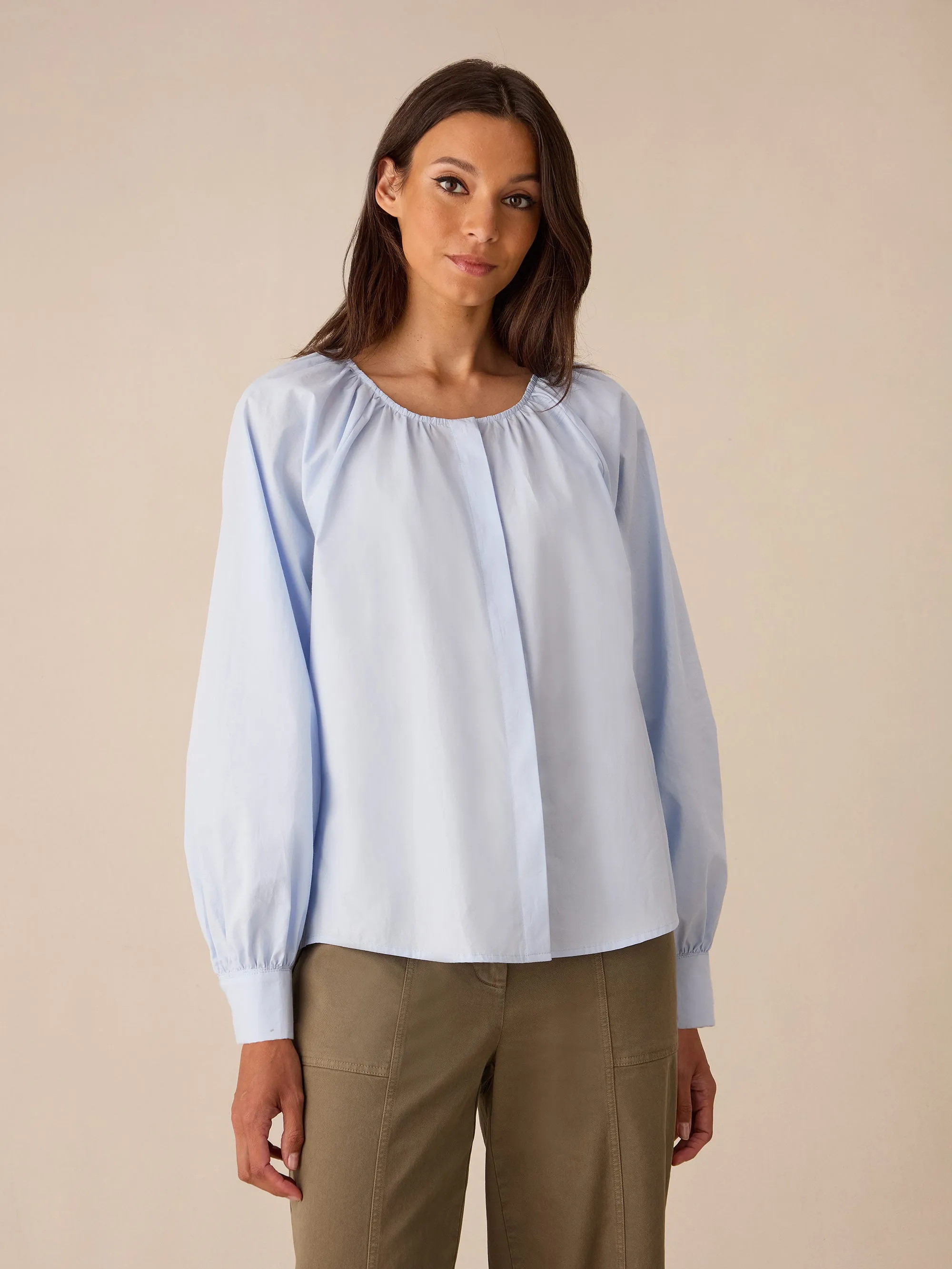 Blue Cotton Gathered Blouse