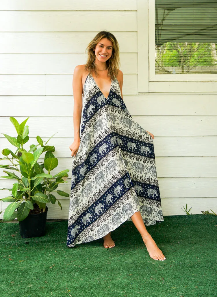 Blue Cute Elephant Goddess Maxi Dress