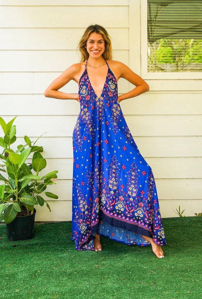 Blue Floral Goddess Maxi Dress