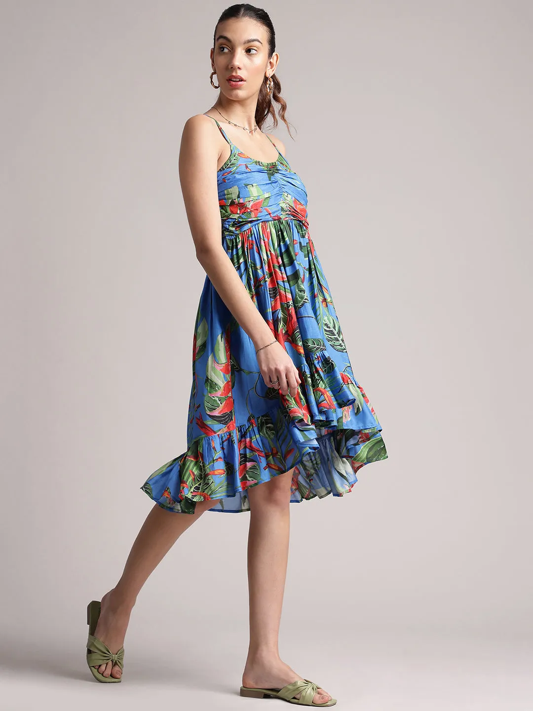 Blue Muslin Tropical Fit & Flare Dress