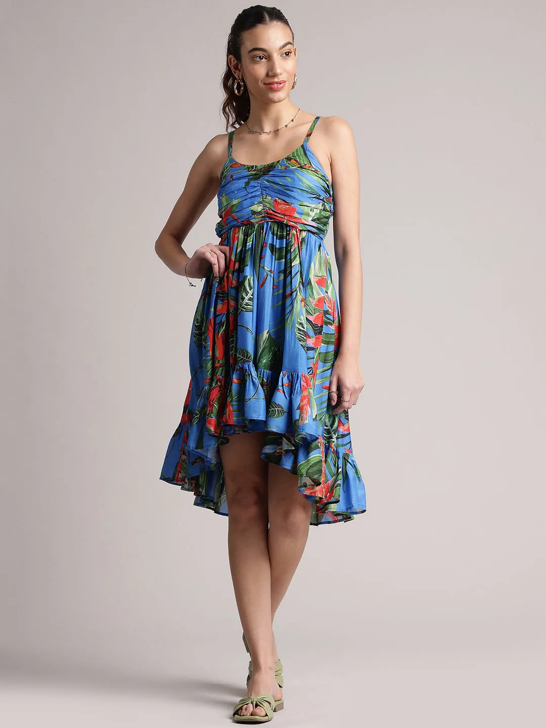 Blue Muslin Tropical Fit & Flare Dress