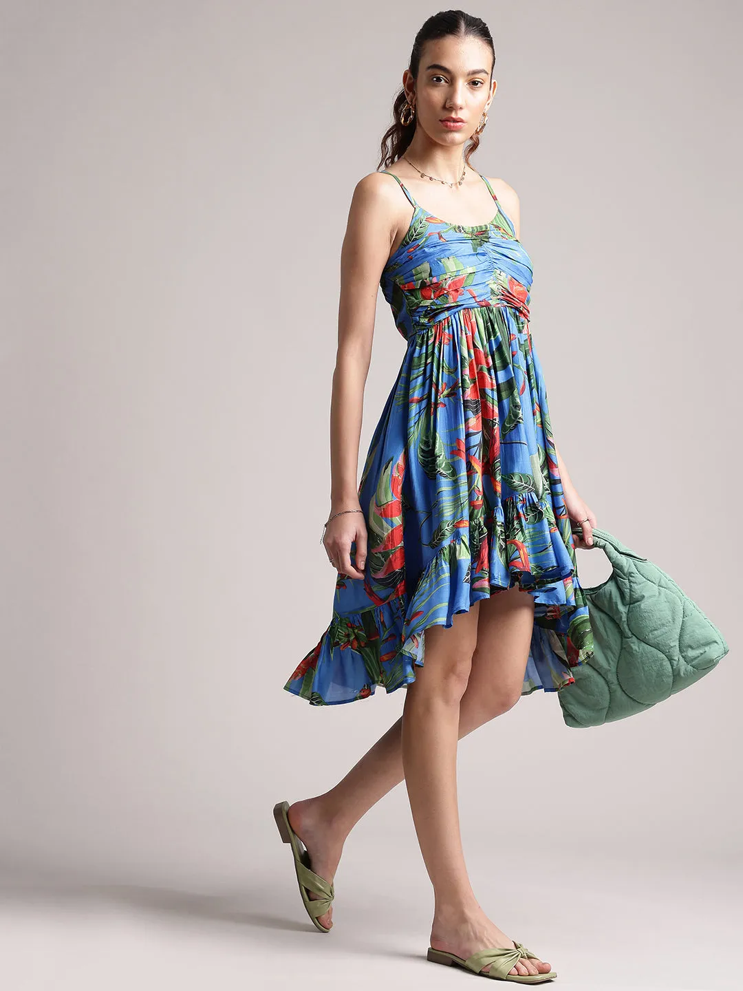 Blue Muslin Tropical Fit & Flare Dress