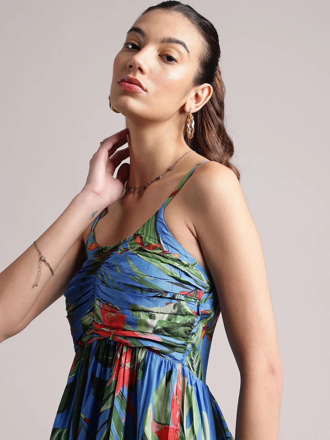 Blue Muslin Tropical Fit & Flare Dress