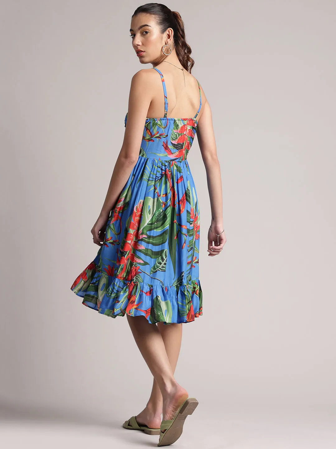 Blue Muslin Tropical Fit & Flare Dress