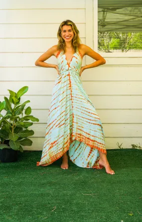 Blue Orange Shibori Hand Dyed Goddess Boho Maxi Dress