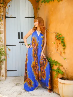 Blue Peacock Feather Goddess Boho Maxi Dress