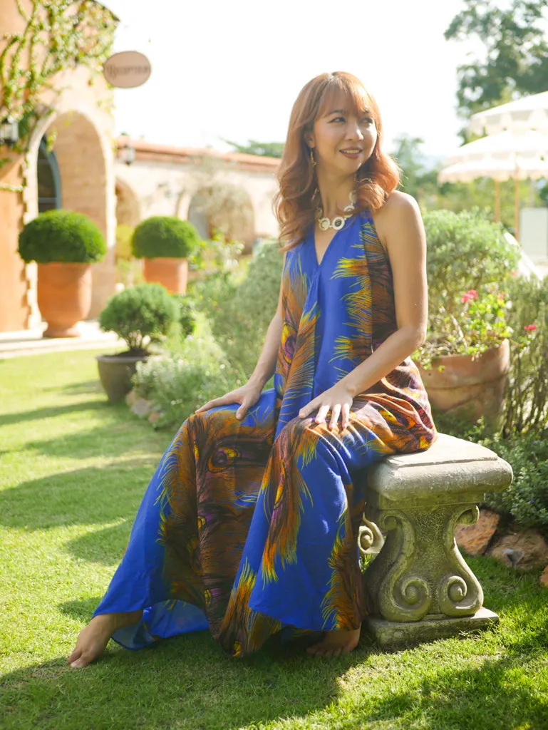 Blue Peacock Feather Goddess Boho Maxi Dress