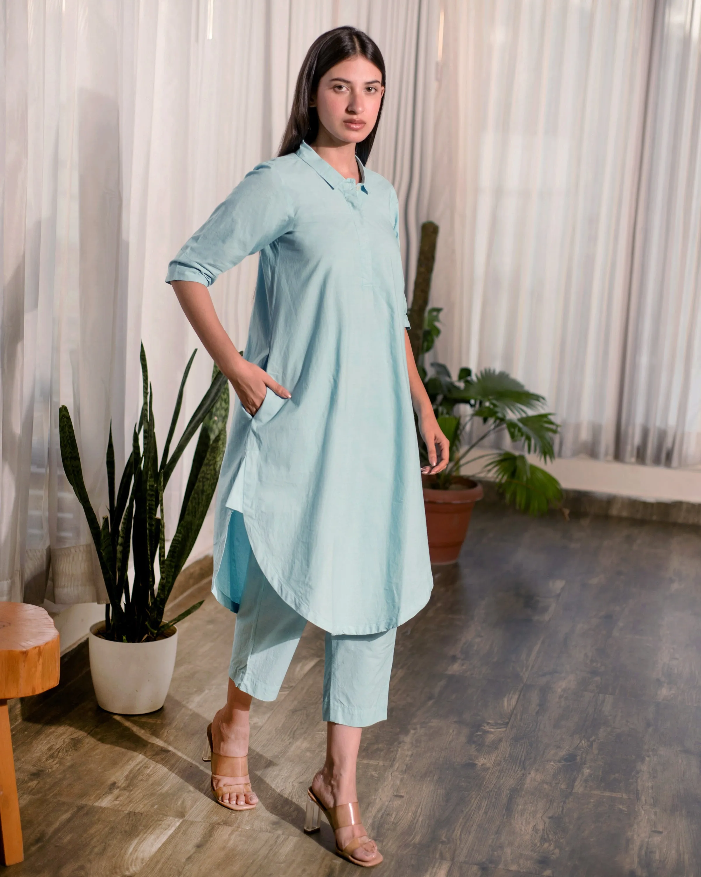 Blue Shirt Tunic and Pant Set (Set of 2)