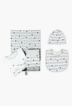 Boboli Twinkle Little StarTee, Pant, Bib & Beanie Set- White/Blue/Grey