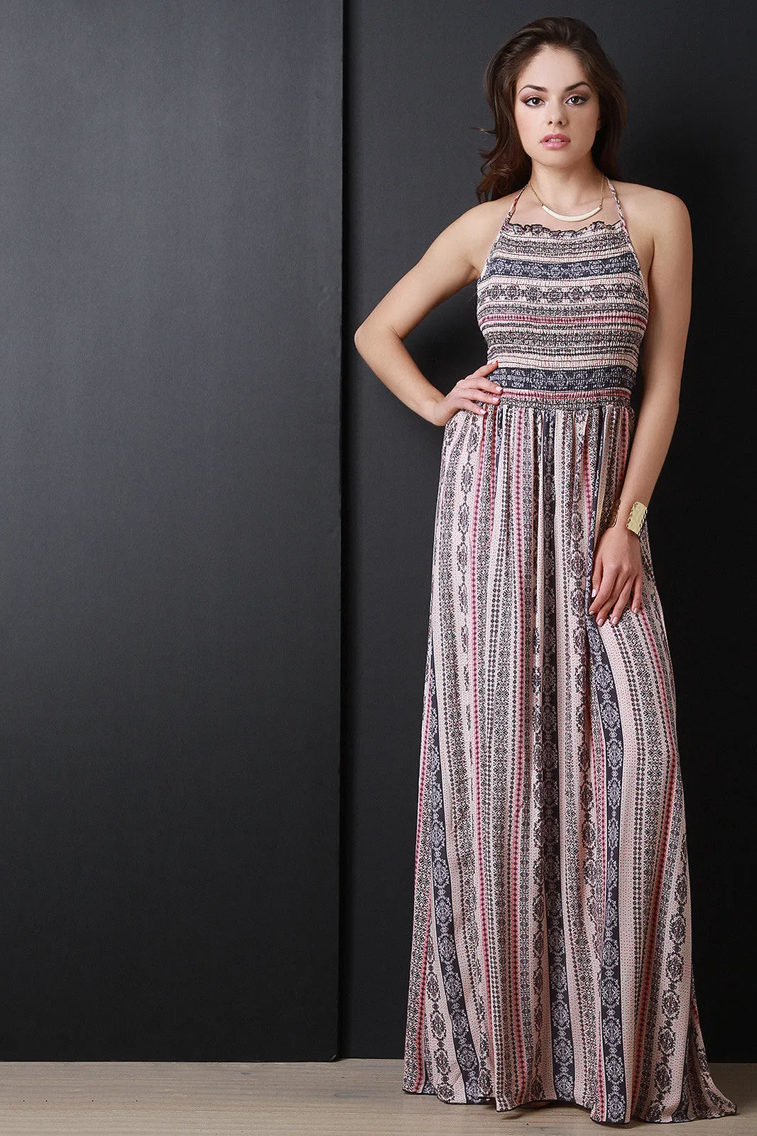 Bohemian Print Smock Halter Maxi Dress