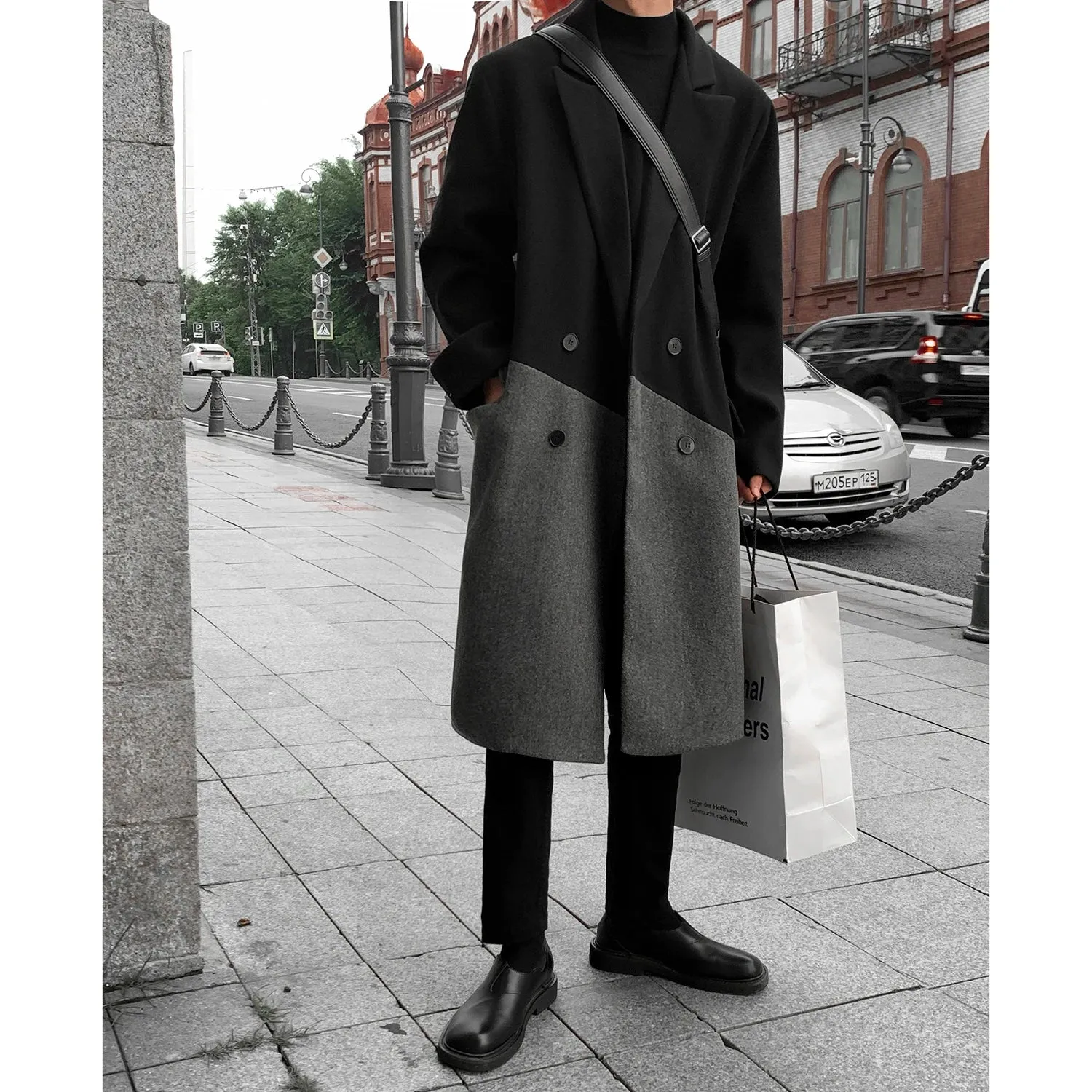 Bonsir Autumn Winter Korean Long Woolen Trench Coat Men Fashion Black Gray Contrast Color Patchwork Windbreaker Overcoat