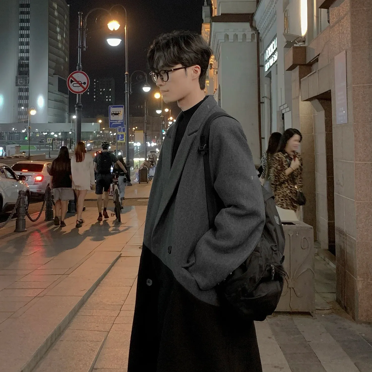 Bonsir Autumn Winter Korean Long Woolen Trench Coat Men Fashion Black Gray Contrast Color Patchwork Windbreaker Overcoat