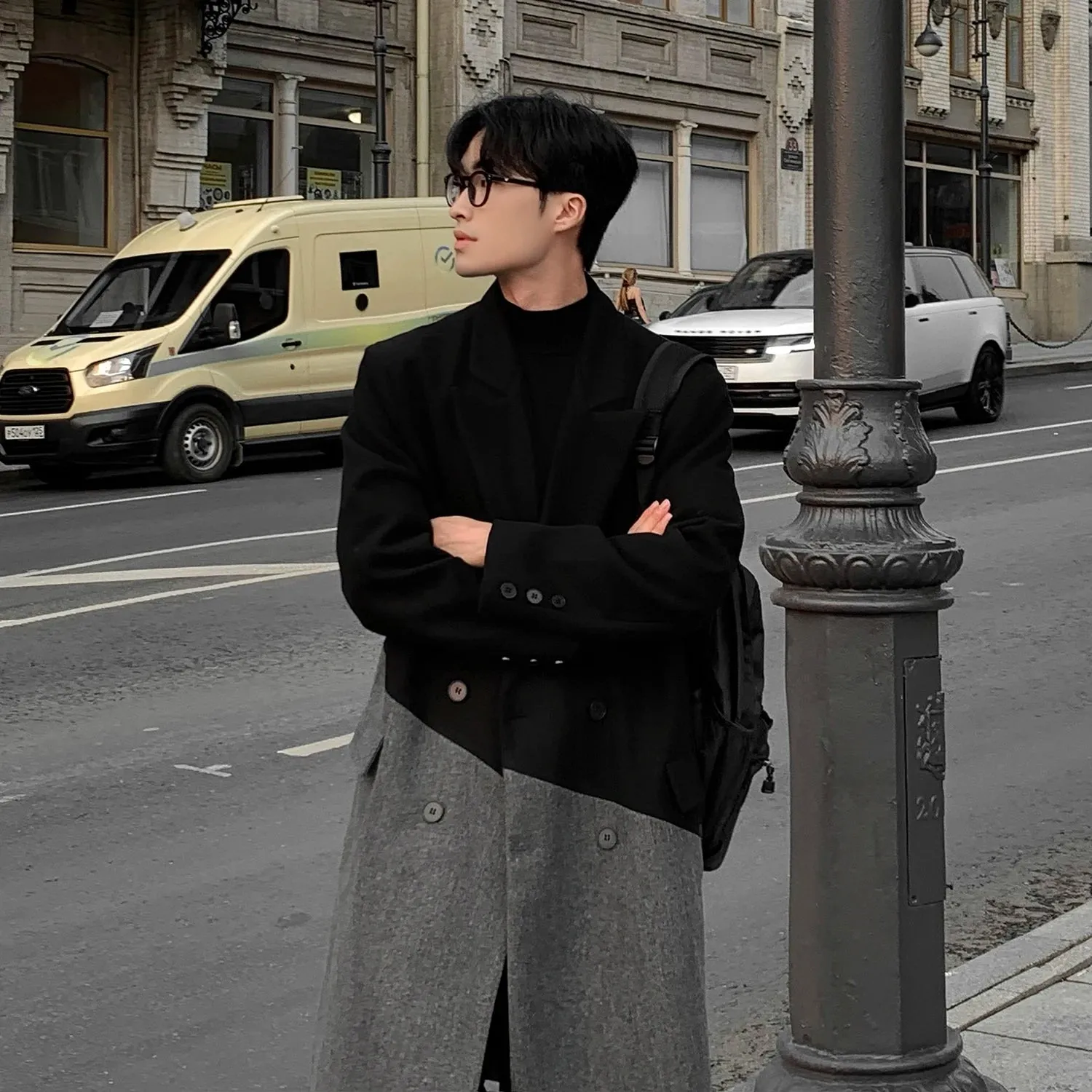 Bonsir Autumn Winter Korean Long Woolen Trench Coat Men Fashion Black Gray Contrast Color Patchwork Windbreaker Overcoat