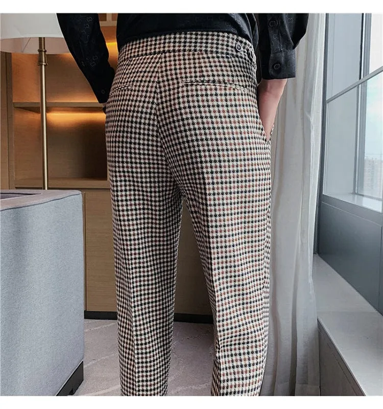 British Style Stripe Plaid Men's High Waist Slim Fit Suit Pants for Office and Wedding