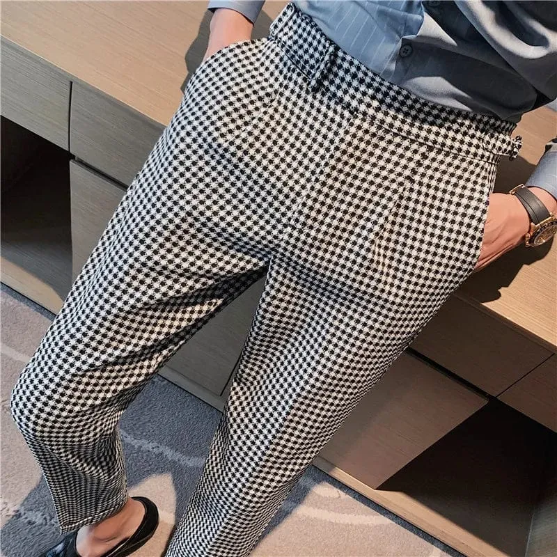 British Style Stripe Plaid Men's High Waist Slim Fit Suit Pants for Office and Wedding