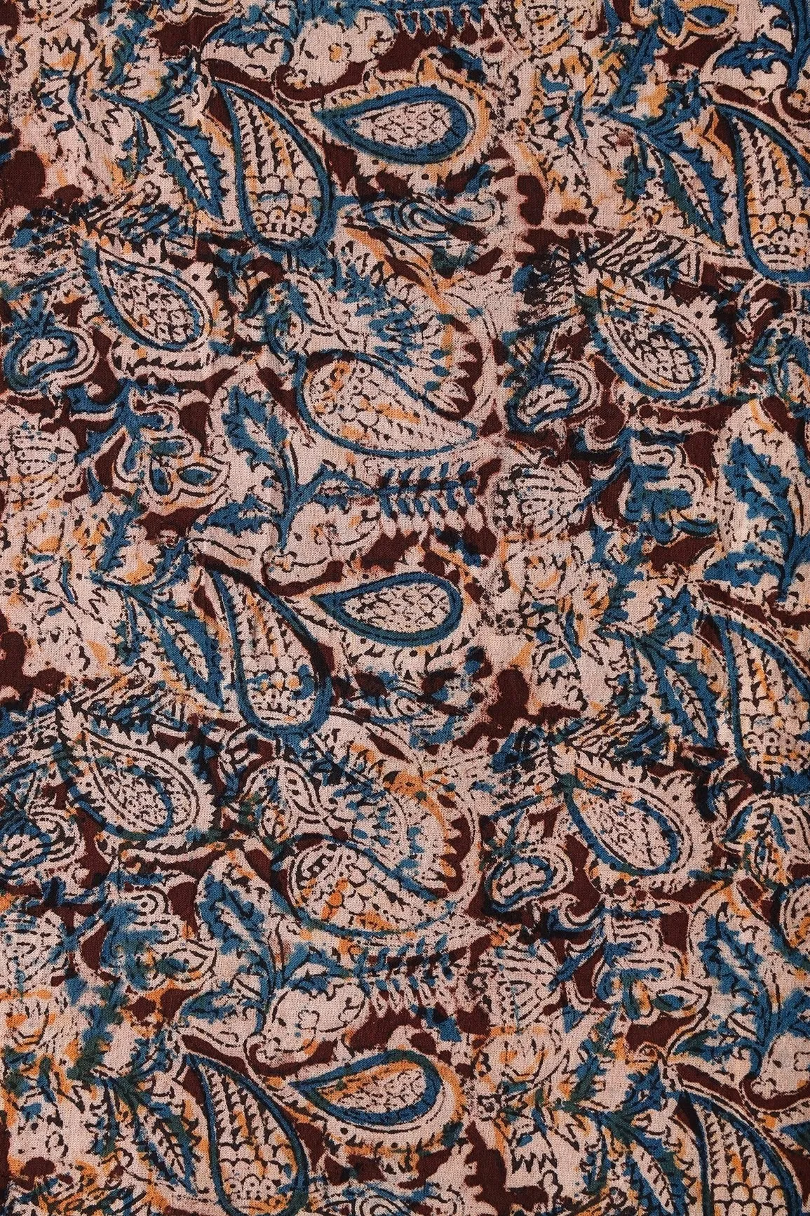 Brown And Beige Floral Pattern Handblock Kalamkari Organic Cotton Fabric