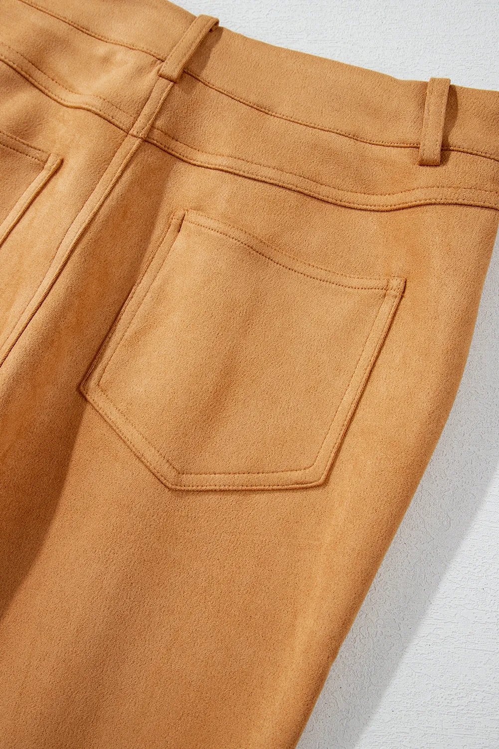 Brown Exposed Seam Flare Suede Pants with Pockets