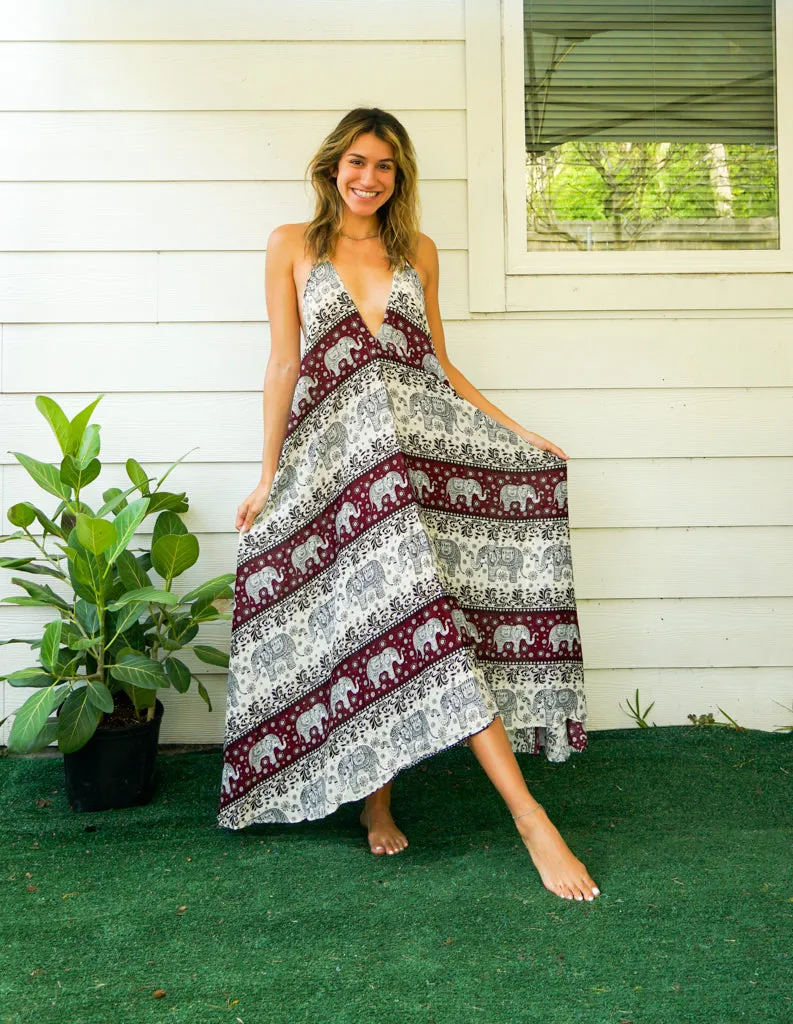 Burgundy Cute Elephant Goddess Maxi Dress