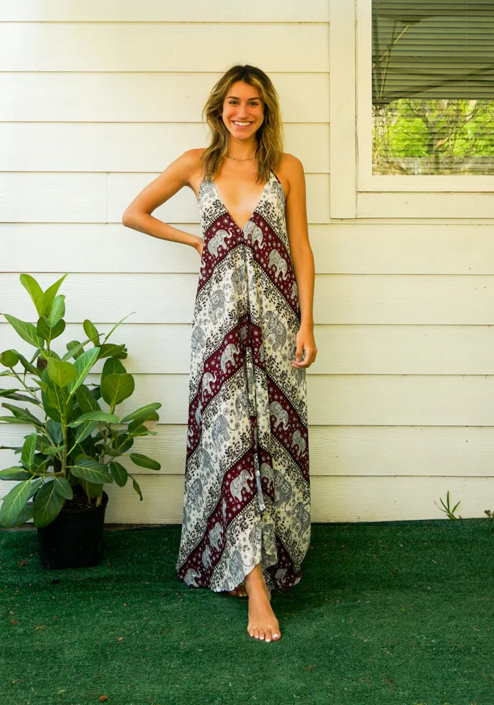 Burgundy Cute Elephant Goddess Maxi Dress