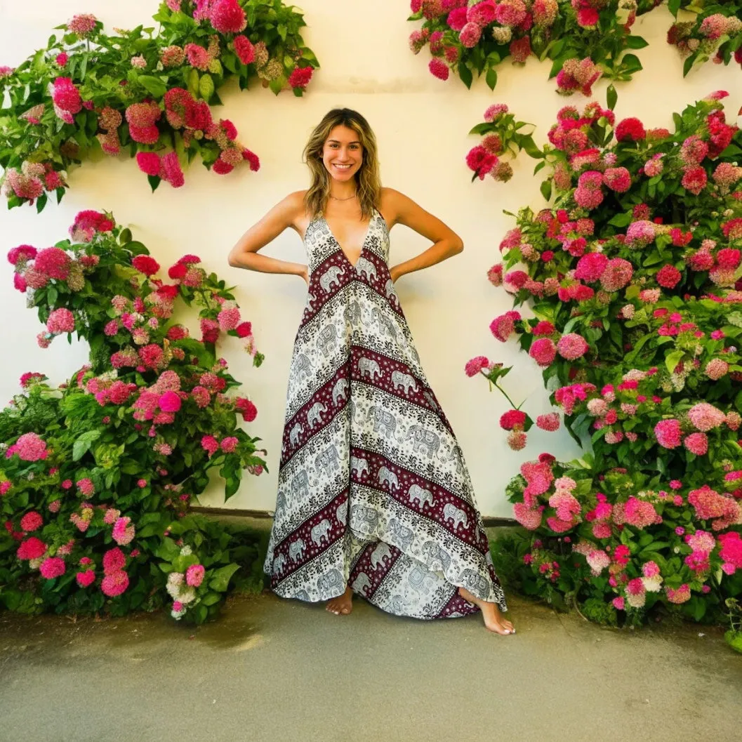 Burgundy Cute Elephant Goddess Maxi Dress