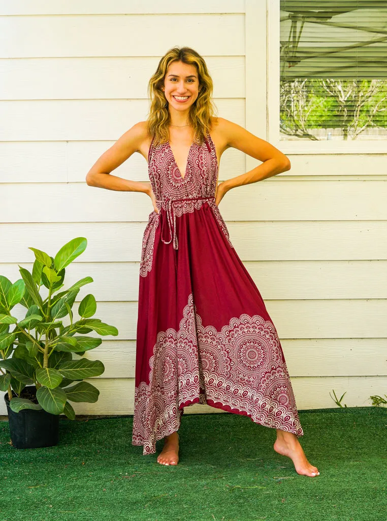 Burgundy Mandala Goddess Boho Maxi Dress