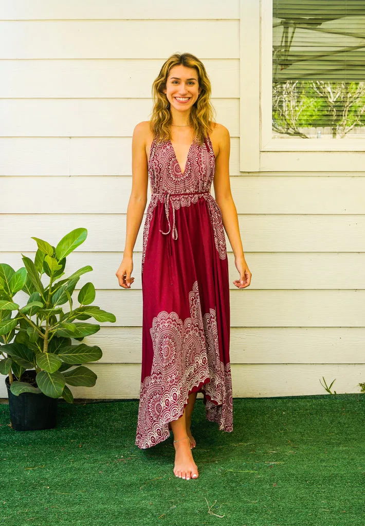 Burgundy Mandala Goddess Boho Maxi Dress