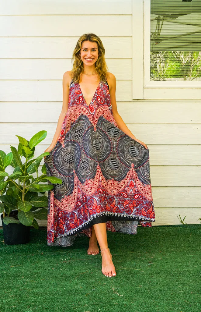 Burgundy Paisley Mandala Goddess Boho Maxi Dress