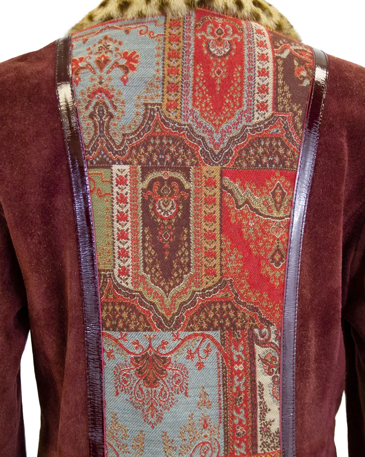 Burgundy Suede & Paisley Coat With Stencilled Fur