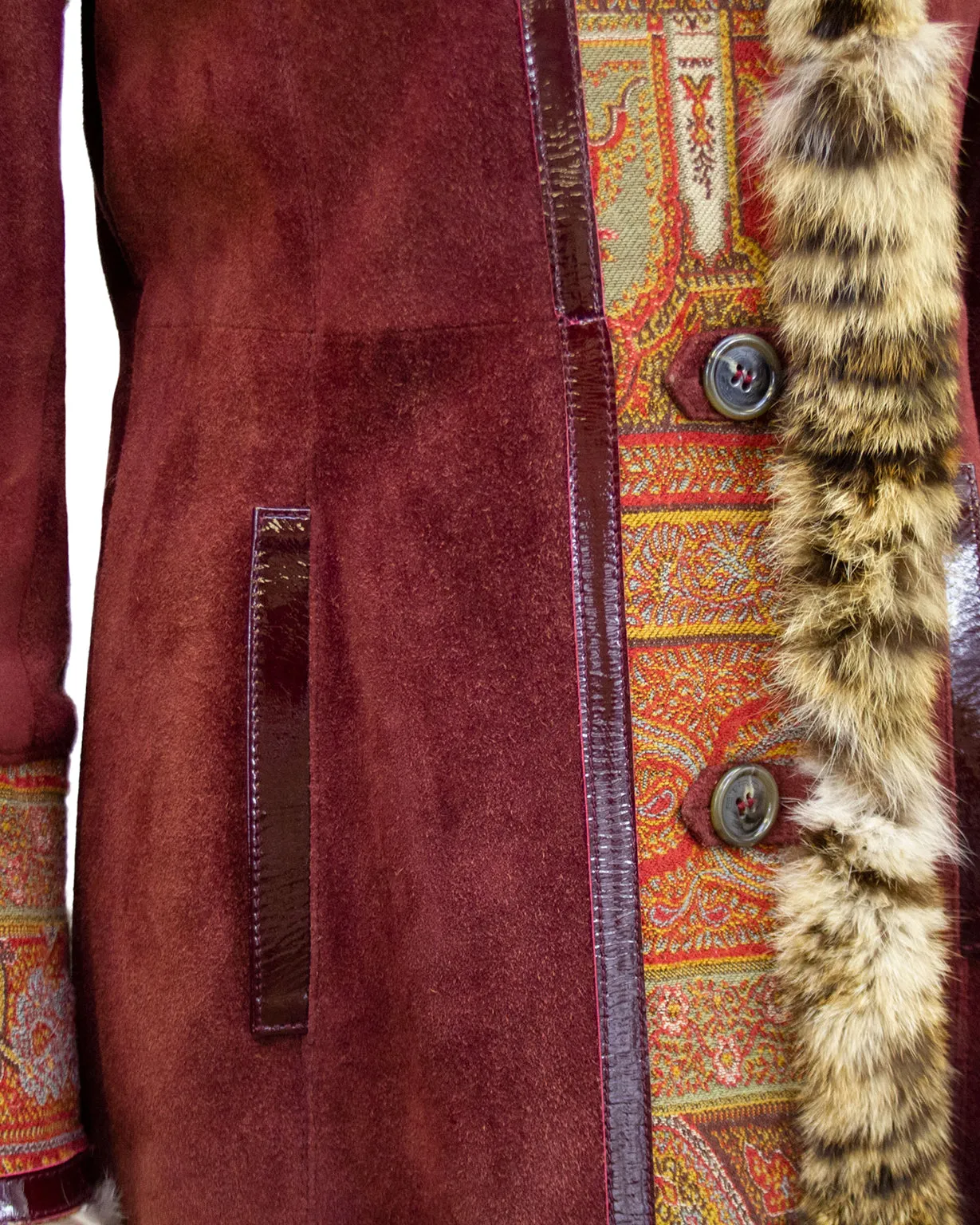 Burgundy Suede & Paisley Coat With Stencilled Fur