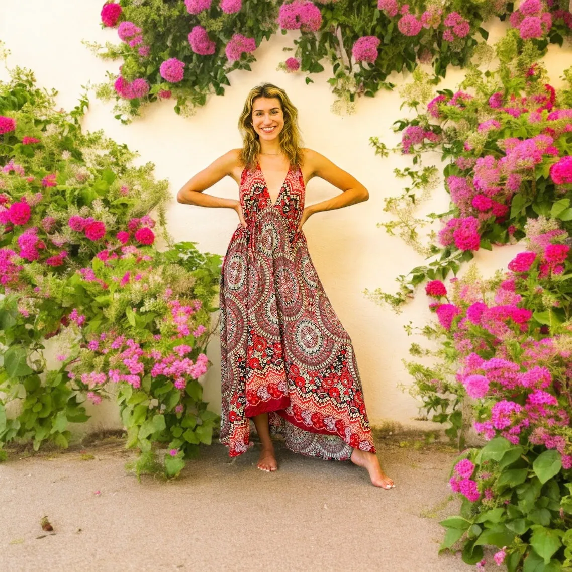 Burgundy Sweet Mandala Goddess Boho Maxi Dress