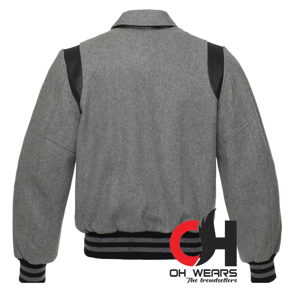 Byron Collar Grey Wool with Black Leather Stripes Varsity Jacket