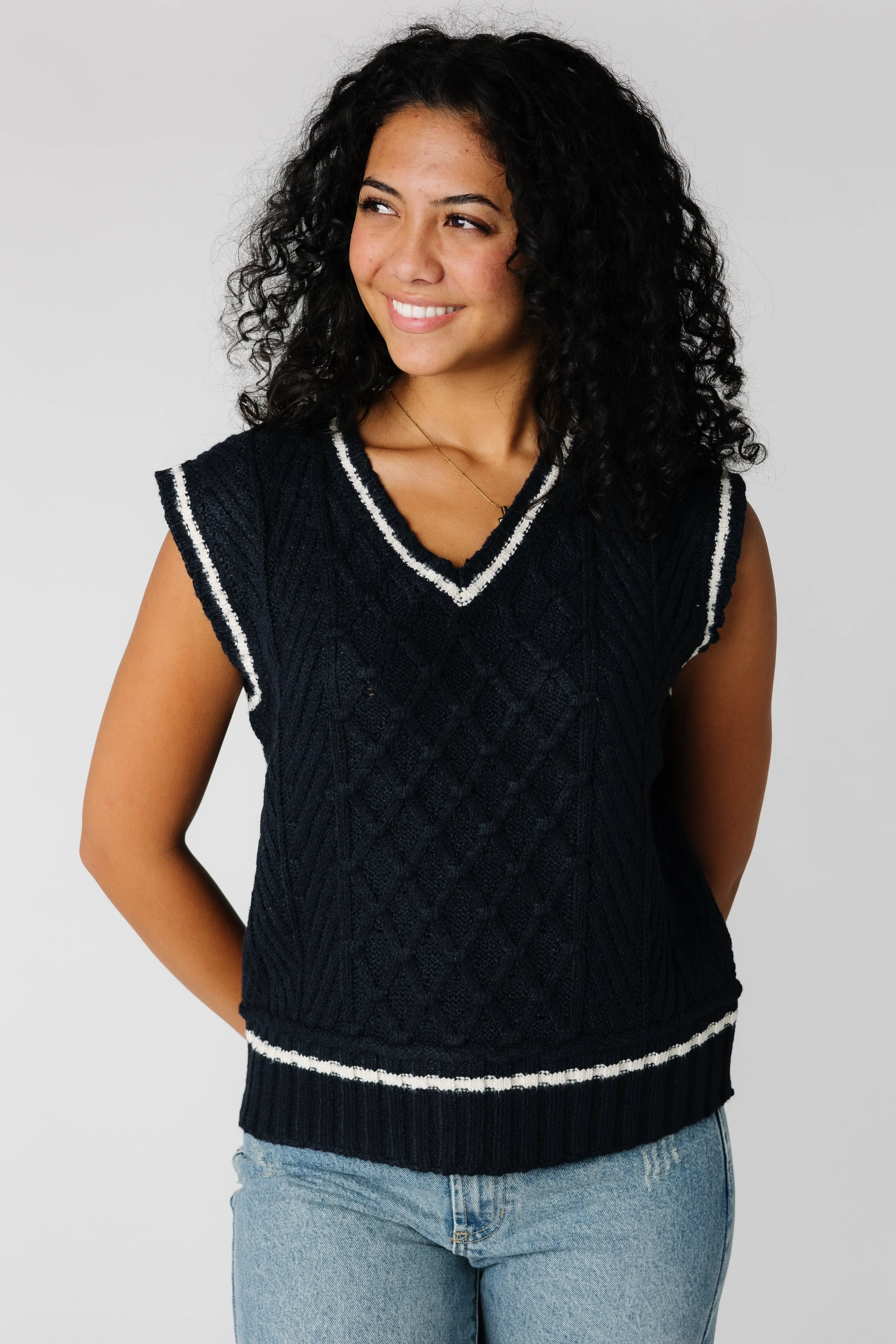 Cable Knit Varsity Sweater Vest