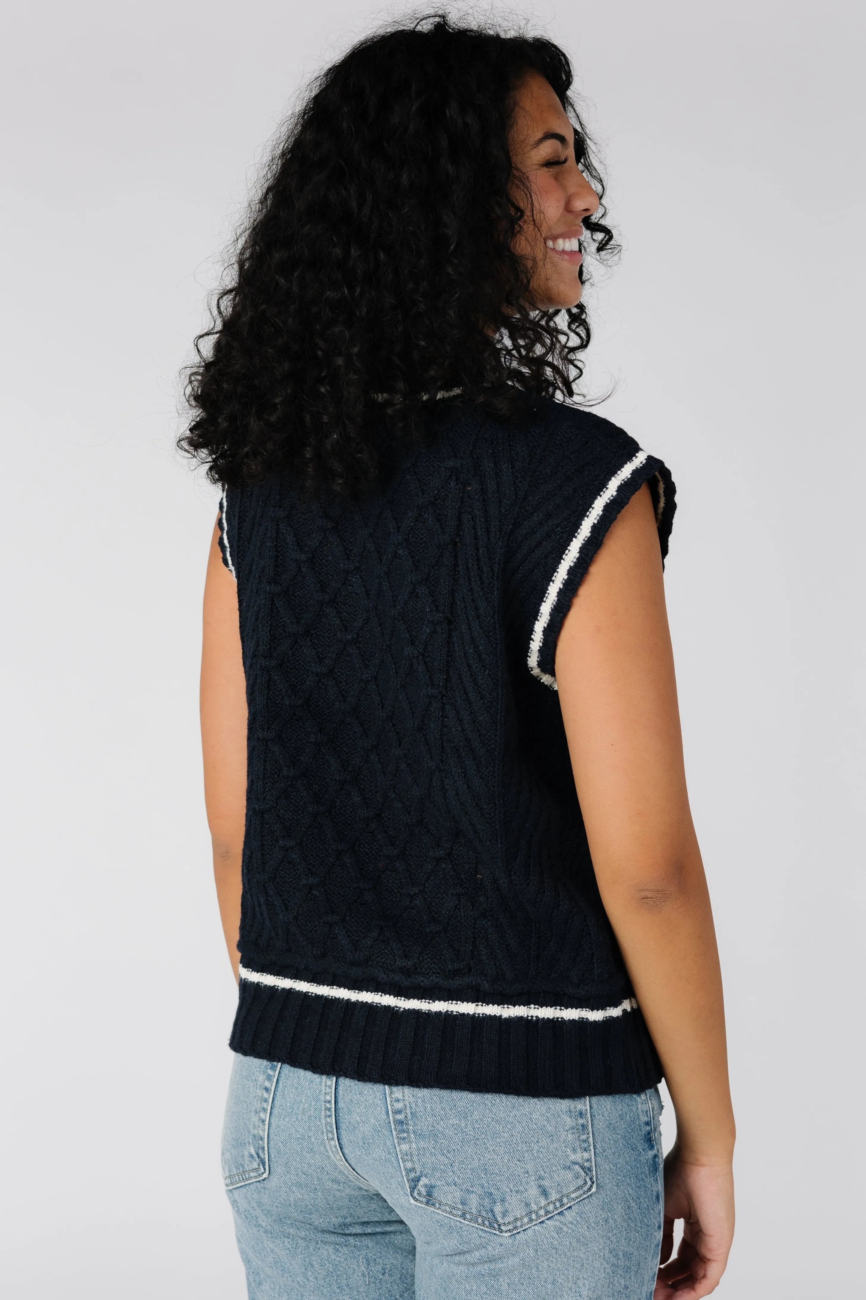 Cable Knit Varsity Sweater Vest