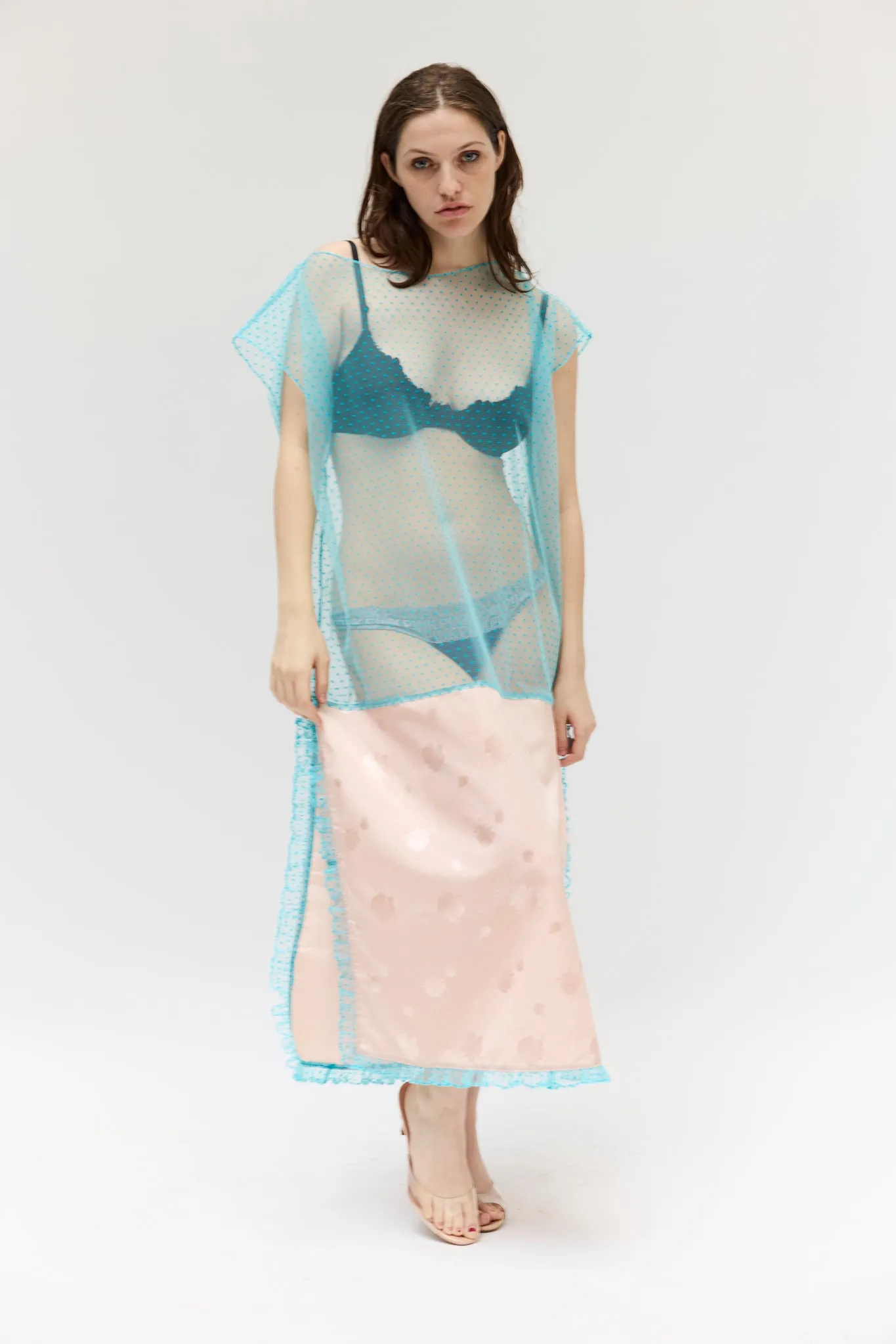 Caftan in Blue Flocked Dot Tulle