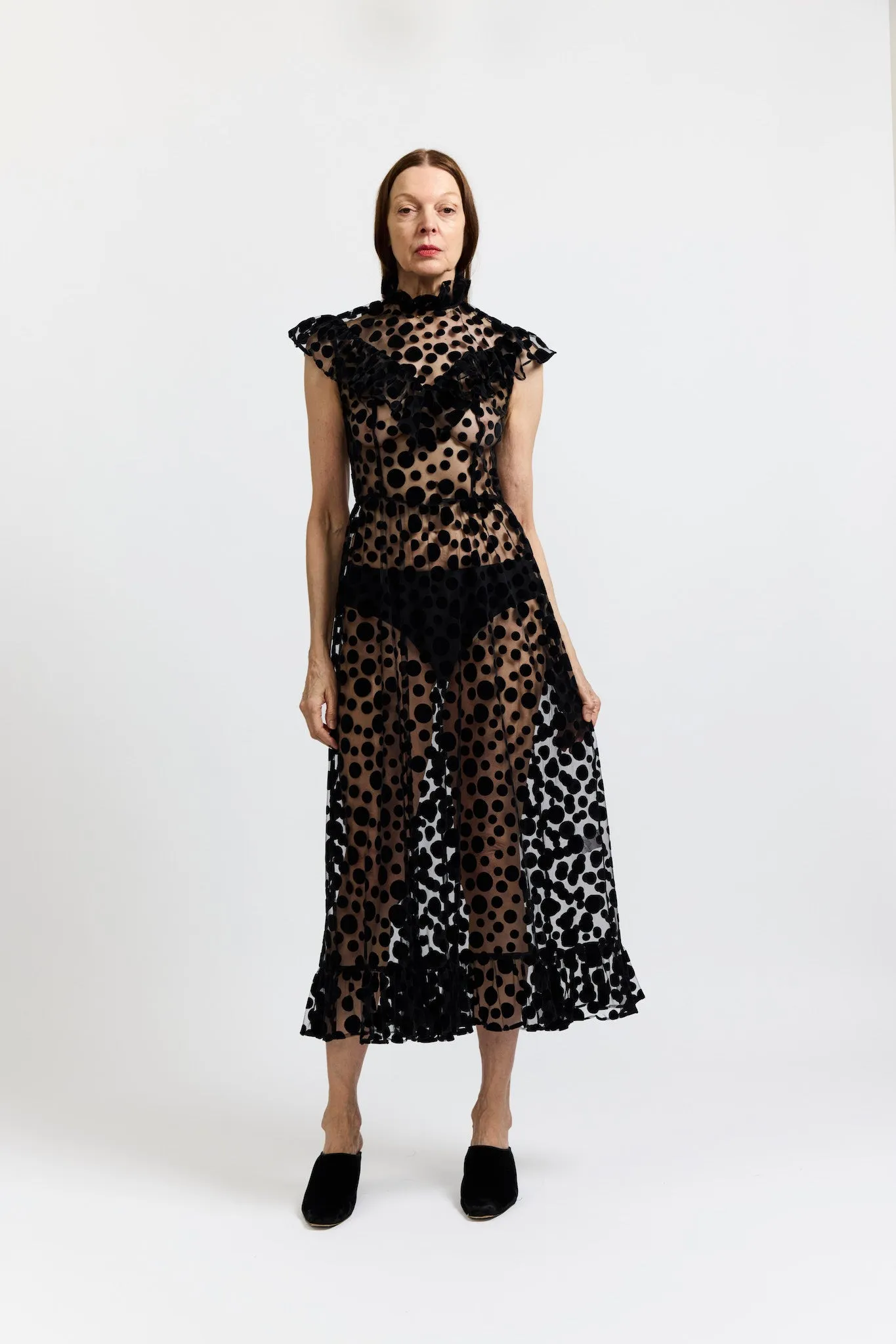 Caroline Dress in Black Polka Dot Flocked Tulle