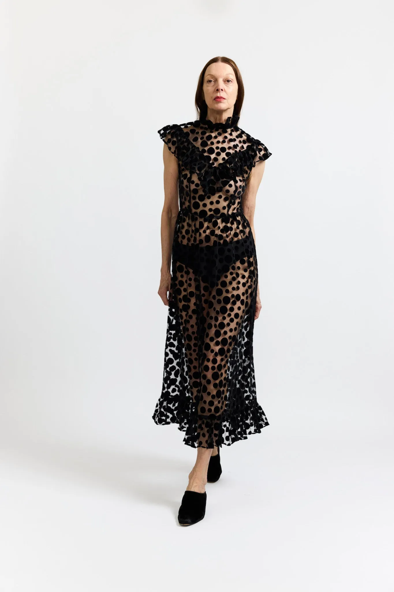 Caroline Dress in Black Polka Dot Flocked Tulle