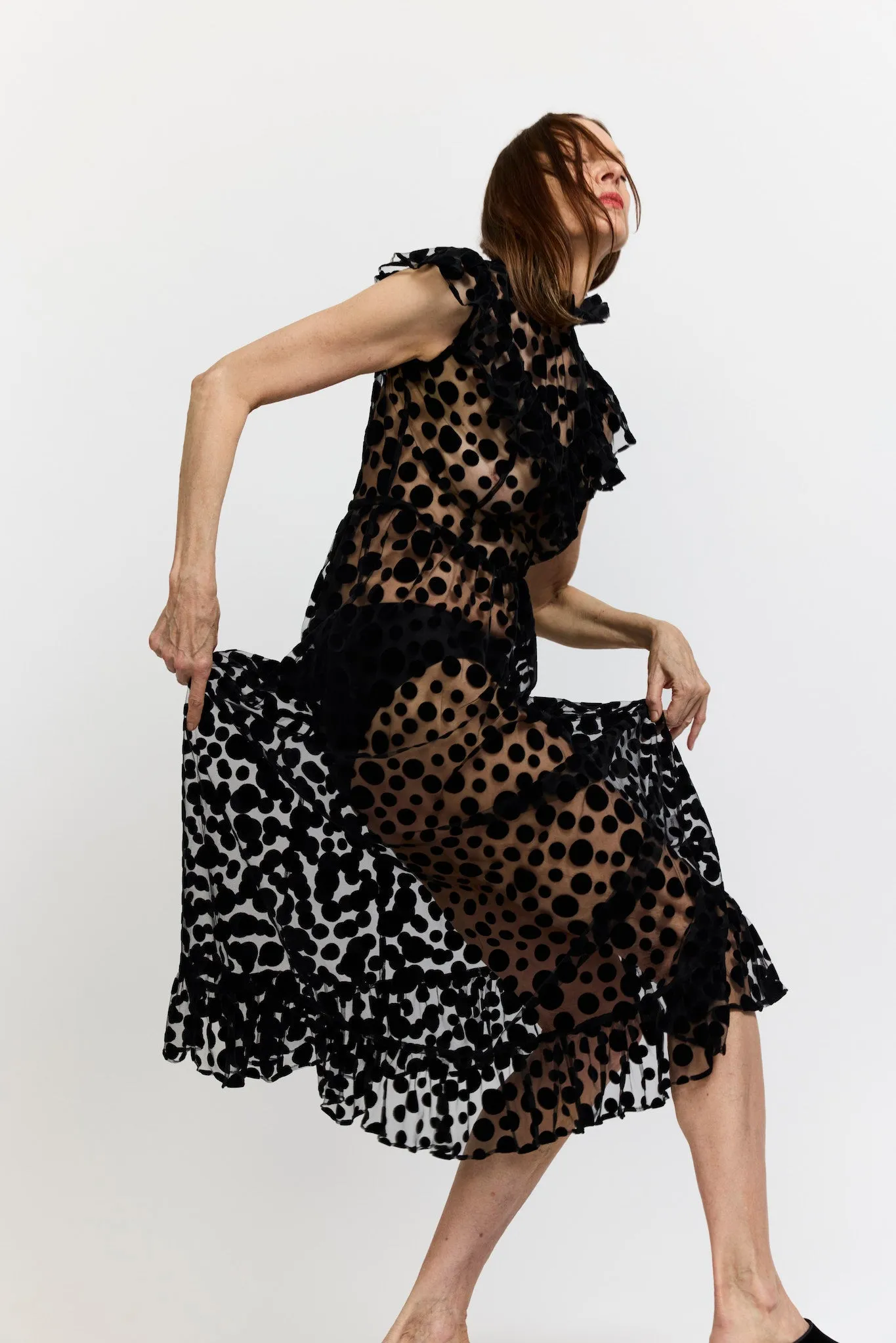 Caroline Dress in Black Polka Dot Flocked Tulle