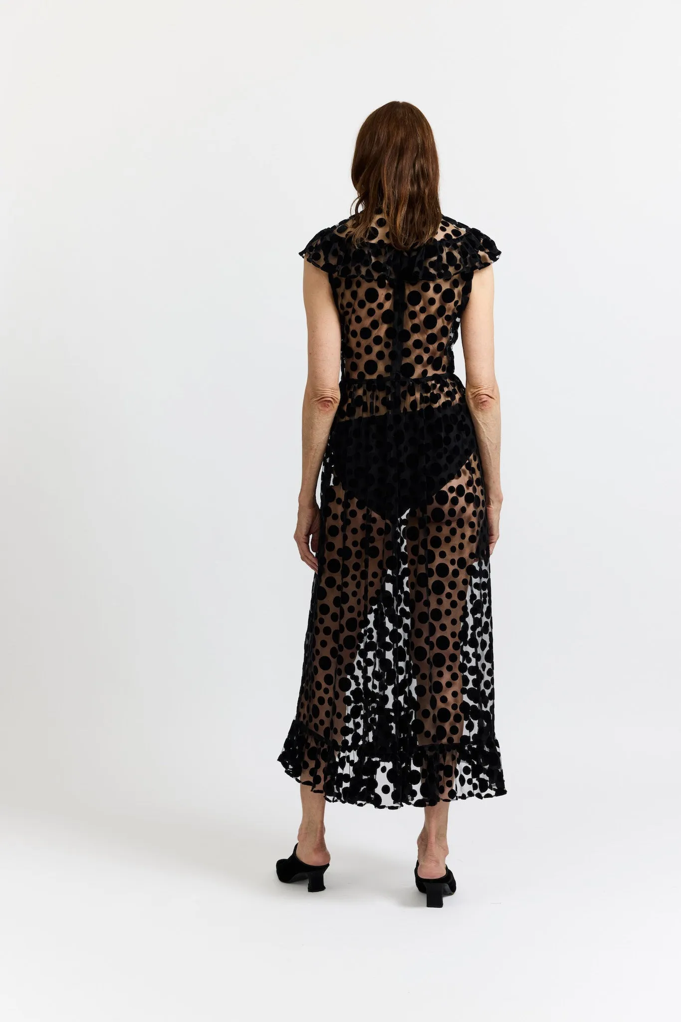 Caroline Dress in Black Polka Dot Flocked Tulle