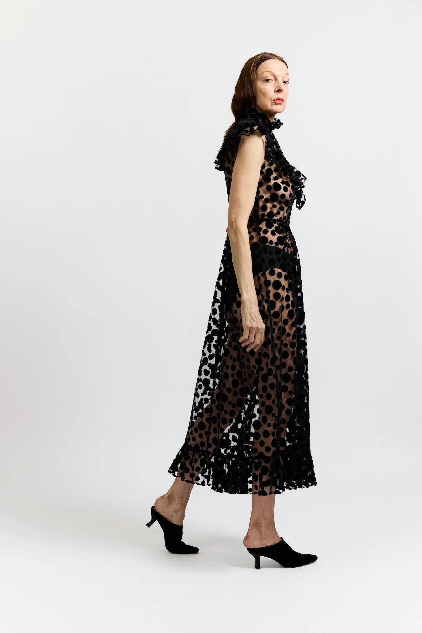 Caroline Dress in Black Polka Dot Flocked Tulle