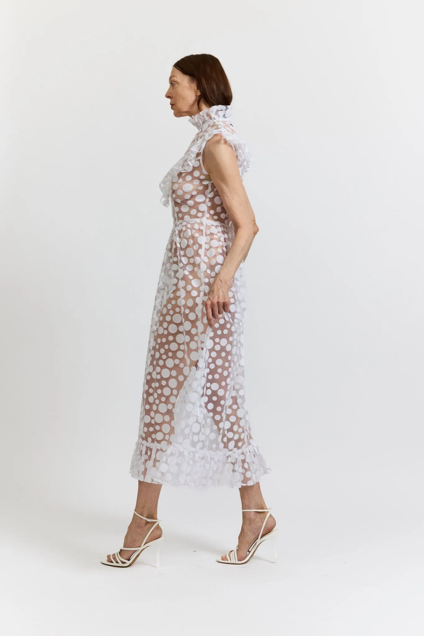 Caroline Dress in White Polka Dot Flocked Tulle