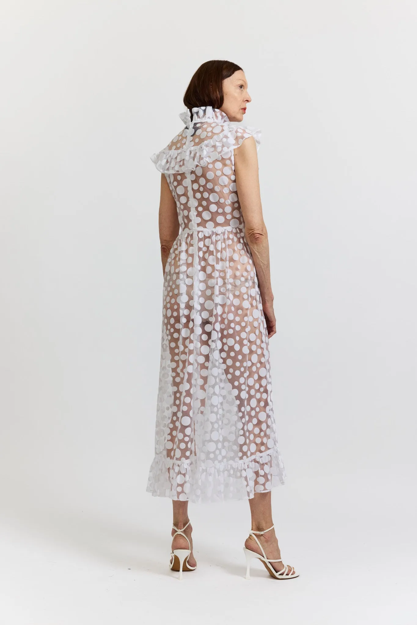 Caroline Dress in White Polka Dot Flocked Tulle