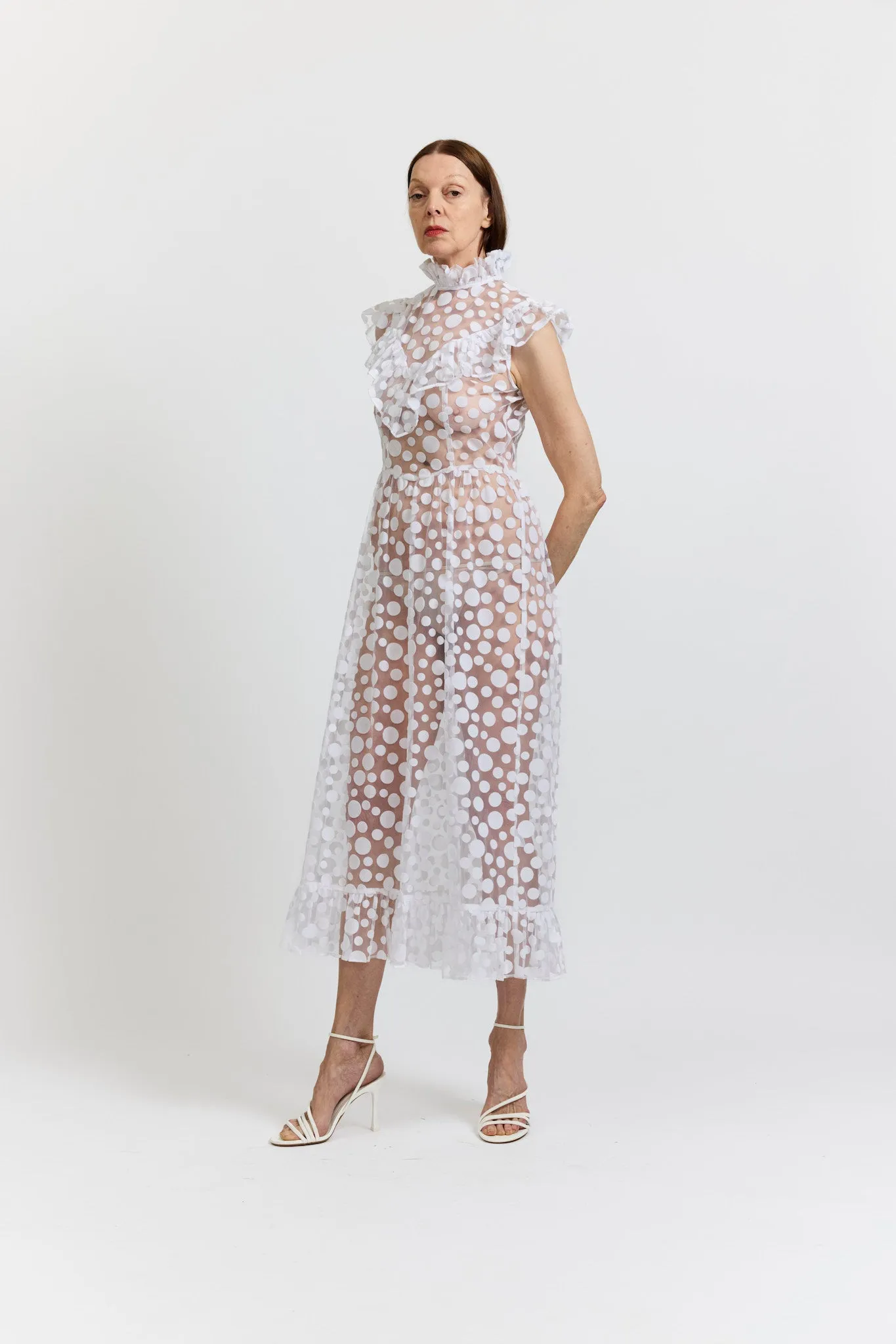 Caroline Dress in White Polka Dot Flocked Tulle