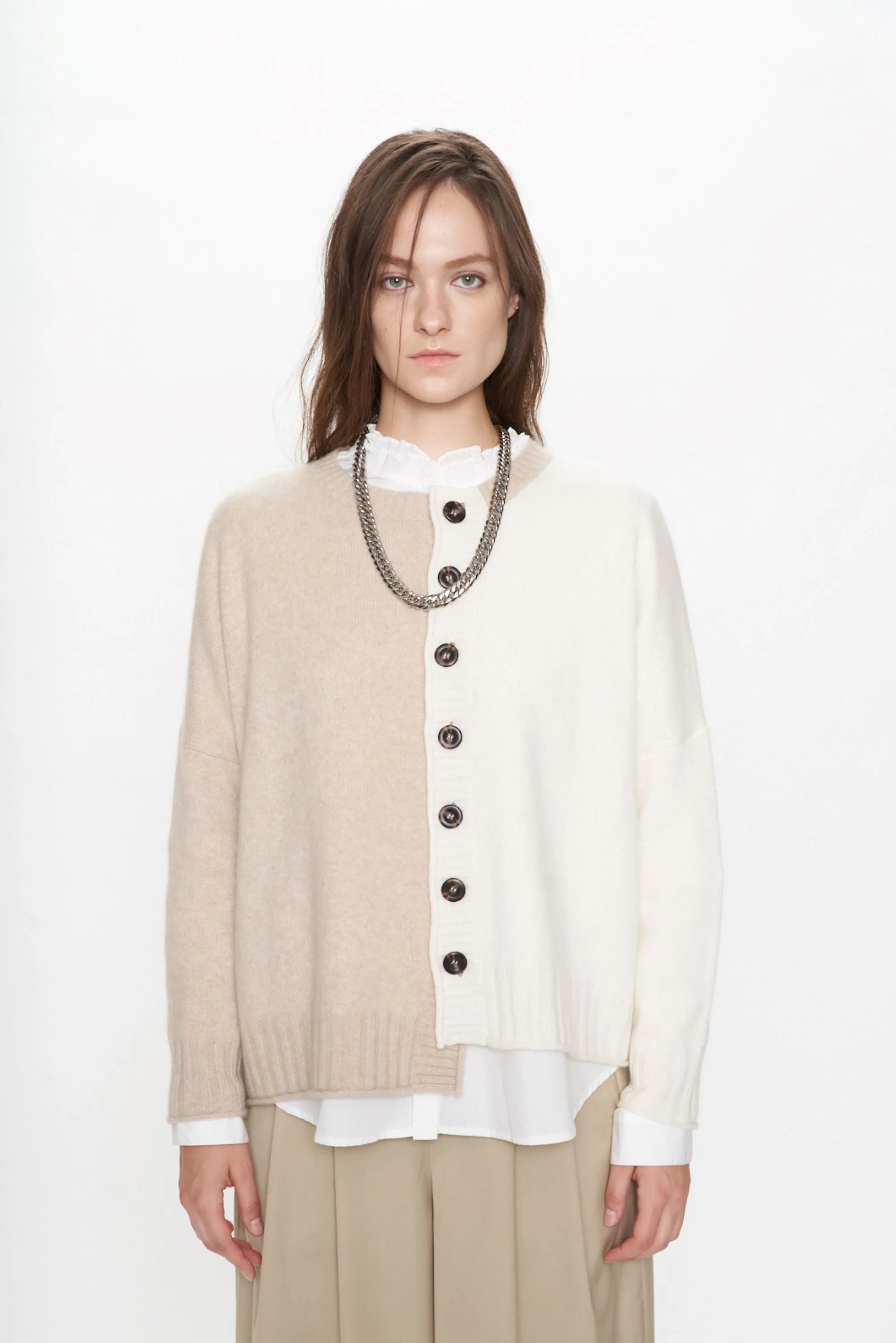 Cashmere Bi-color Asymmetric Cut Cardigan