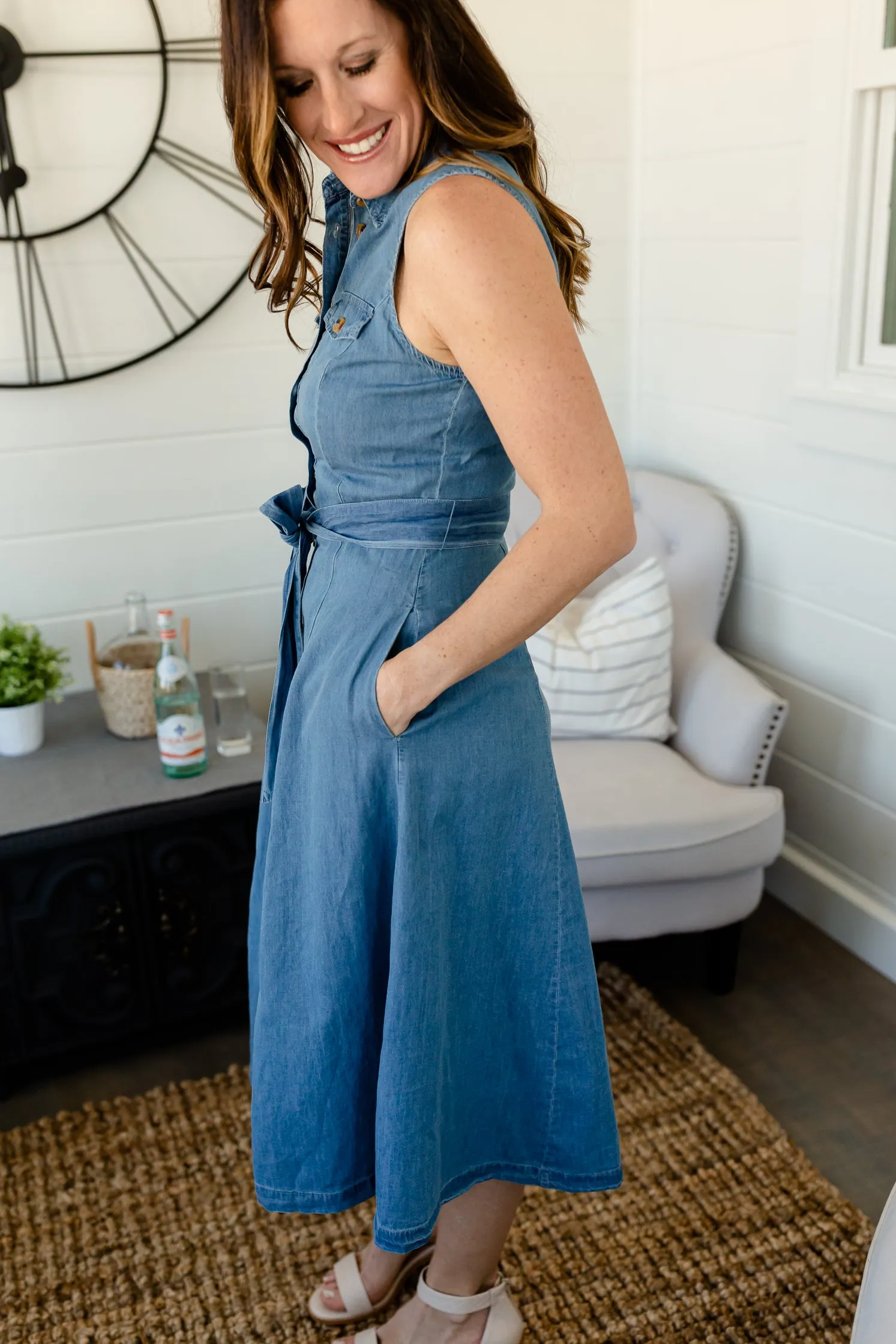 Chambray Button   Belted Midi Dress - FINAL SALE