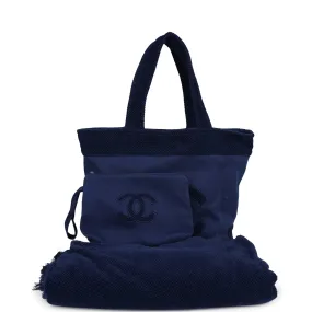 Chanel CC Beach Tote Bag & Towel Set Navy Blue Canvas & Terry