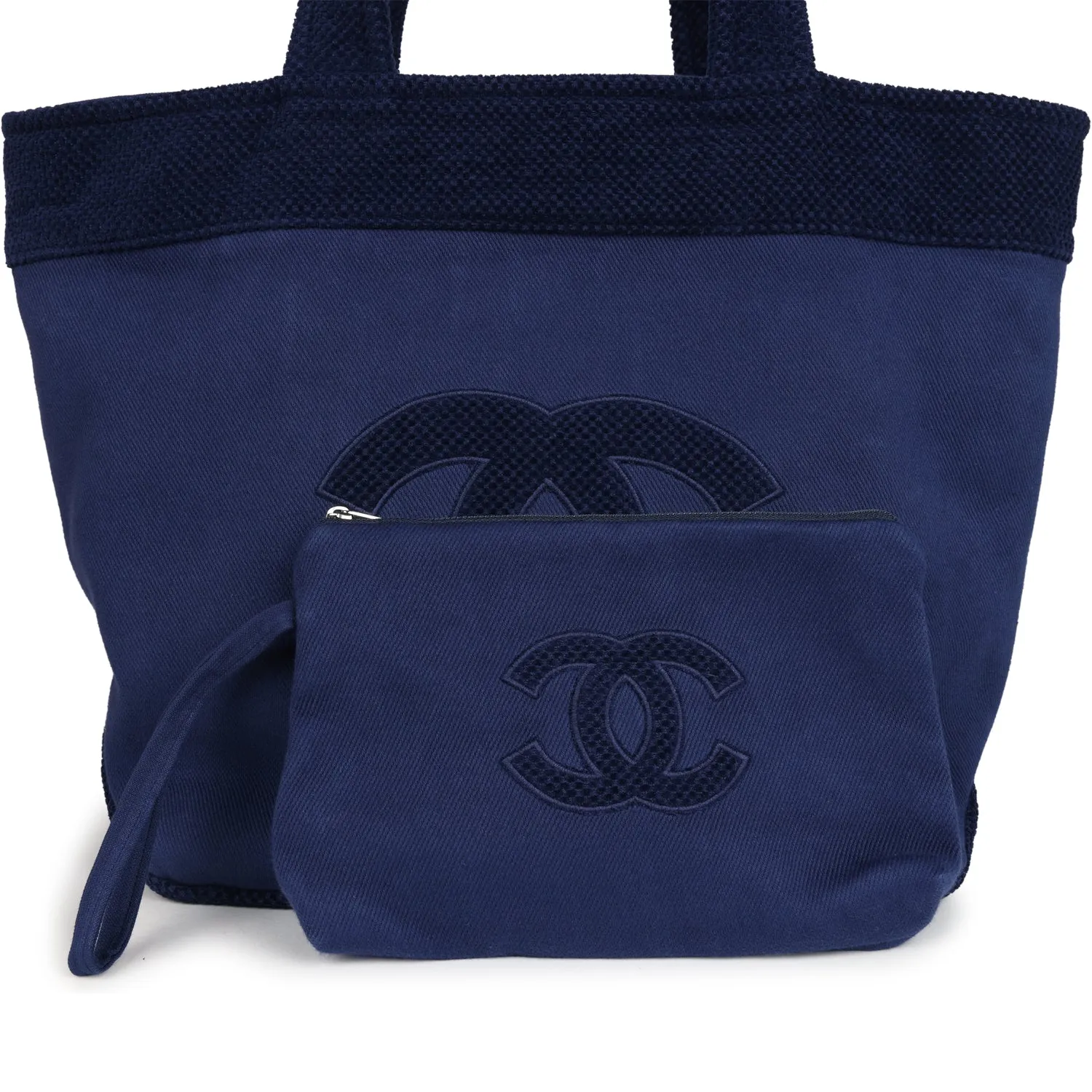 Chanel CC Beach Tote Bag & Towel Set Navy Blue Canvas & Terry