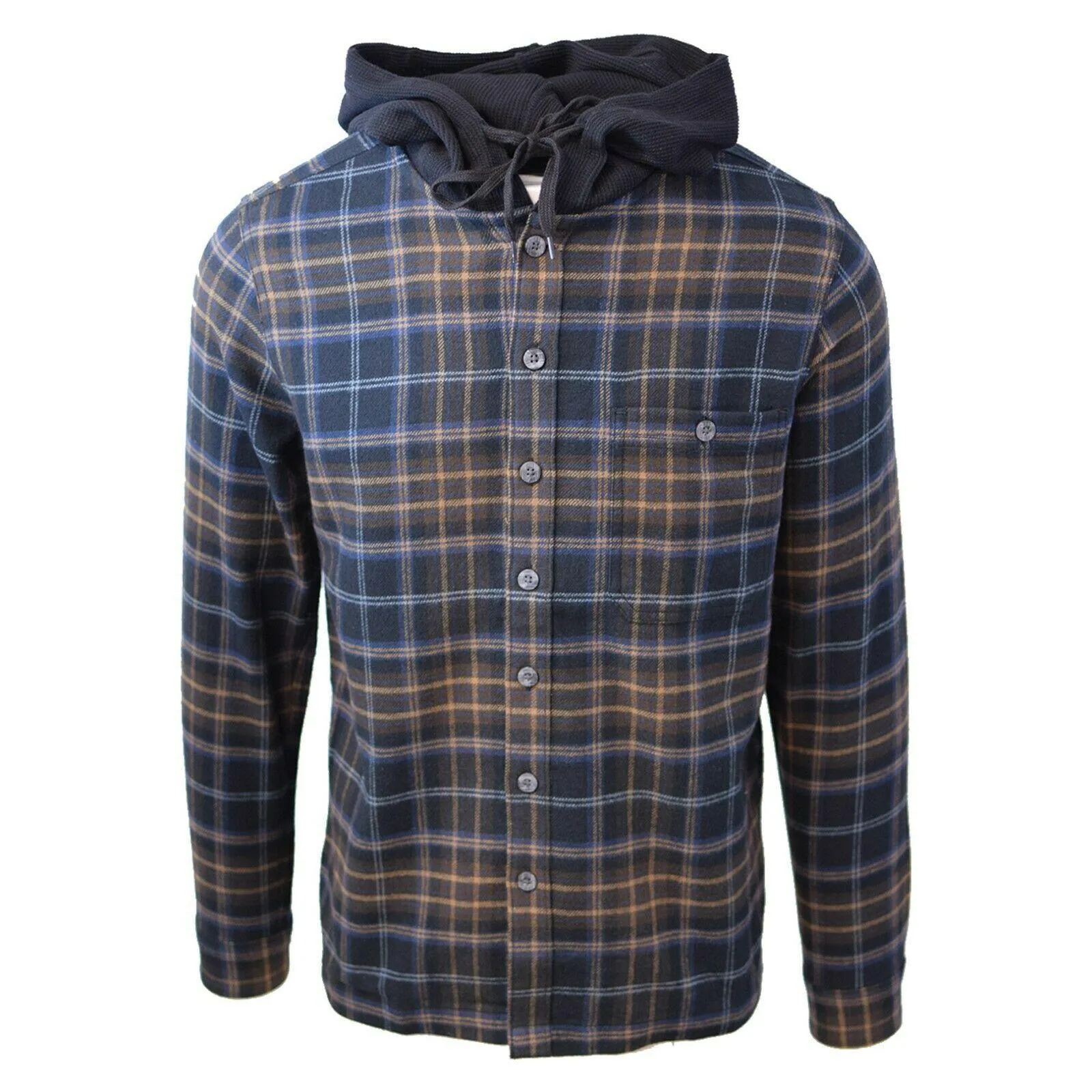 Cherokee Men's Tottus Camisa Navy & Brown Plaid Hooded L/S Flannel Shirt