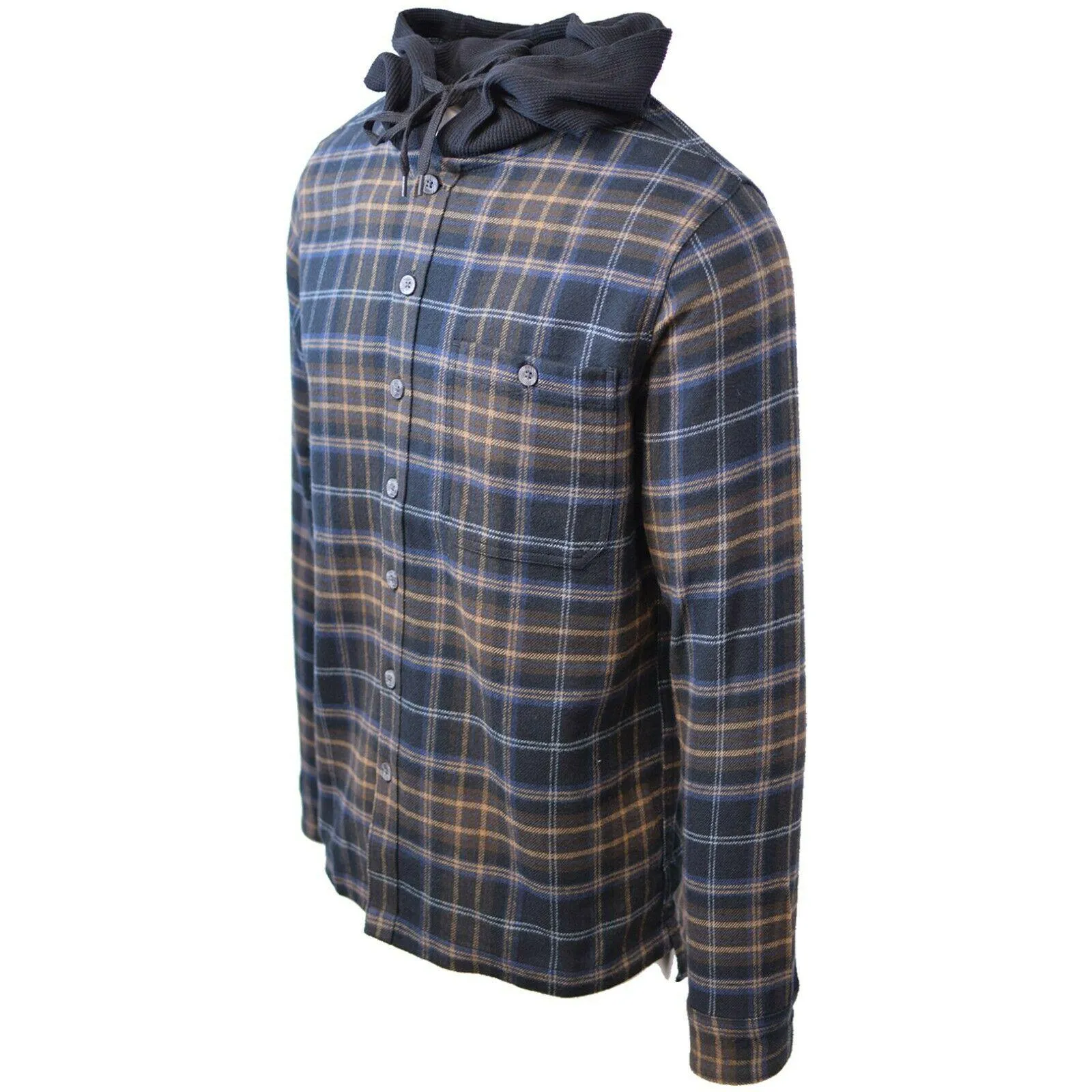 Cherokee Men's Tottus Camisa Navy & Brown Plaid Hooded L/S Flannel Shirt