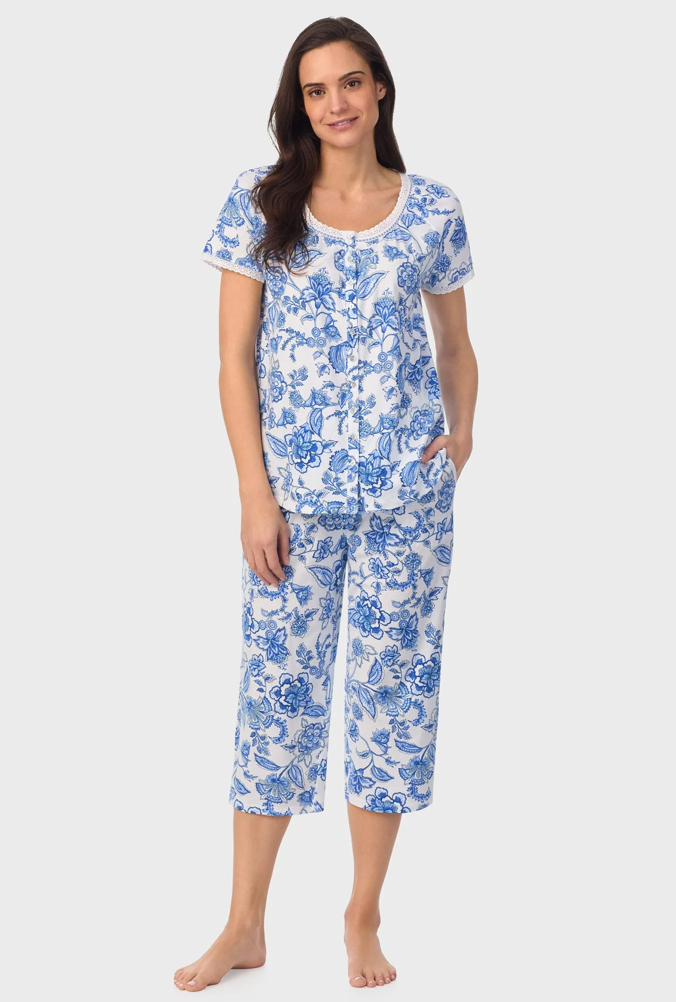 Cobalt Blue Floral Vine Cap Sleeve Capri Pant PJ Set