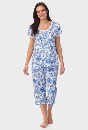 Cobalt Blue Floral Vine Cap Sleeve Capri Pant PJ Set